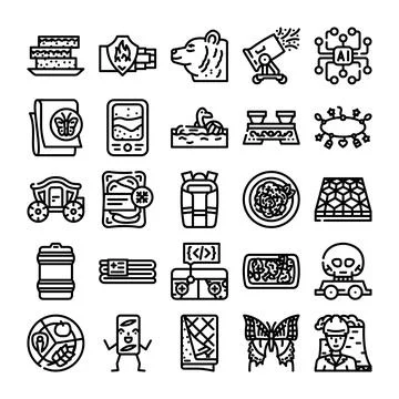 Collection of outline icons representing various objects and concepts Stock Illustration