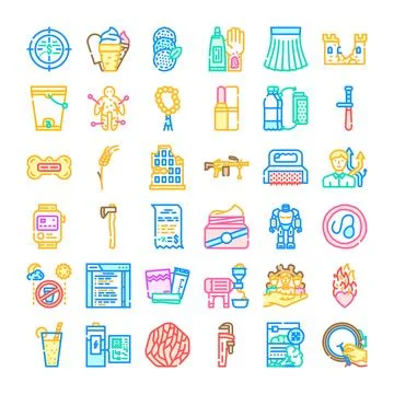 Collection of outline icons representing various concepts and objects Stock Illustration