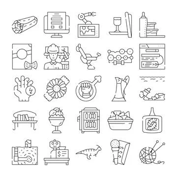 Collection of outline icons representing various concepts and objects Illustrazione stock