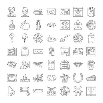 Collection of outline icons representing various concepts and objects Stock Illustration