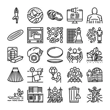 Collection of outline icons representing various concepts and themes Stock Illustration