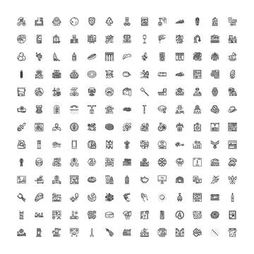 Collection of outline icons representing various objects and concepts Stock Illustration