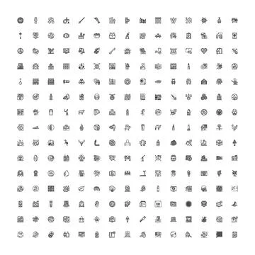 Collection of outline icons representing various concepts and objects Stock Illustration