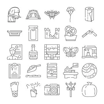 Collection of outline icons with various objects Stock Illustration