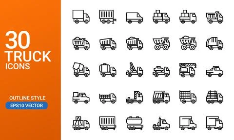 A collection of outlined icons from various types of trucks. Stock Illustration