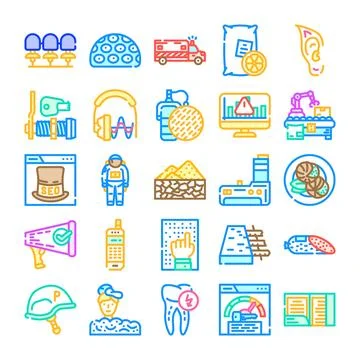 Collection outlining various global industries and service concepts Stock Illustration