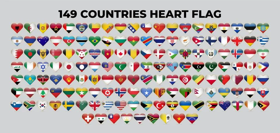 Collection Pack of Countries Flag Design in Heart Vector Design Template Stock Illustration