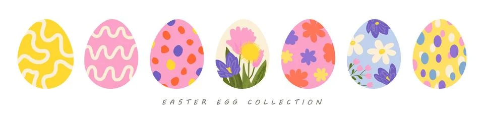 Collection of painted Easter egg designs in trendy flat style with various 스톡 일러스트