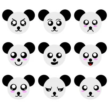 Collection of Panda Smiley Faces isolated on white background. Vector. Illustrazione stock