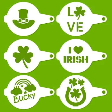 Collection of Patrick's Day coffee stencils.  Template for laser, paper cutting. Illustrazione stock