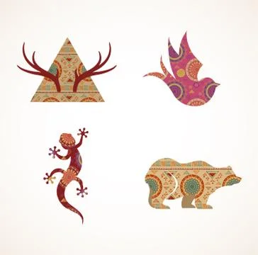 Collection of patterned Bohemian, Tribal objects, elements and icons Stock Illustration