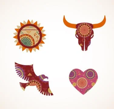 Collection of patterned Bohemian, Tribal objects, elements and icons Stock Illustration