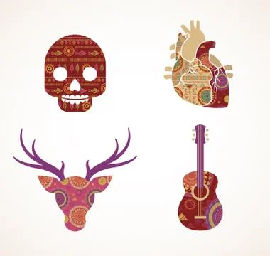 Collection of patterned Bohemian, Tribal objects, elements and icons Stock Illustration