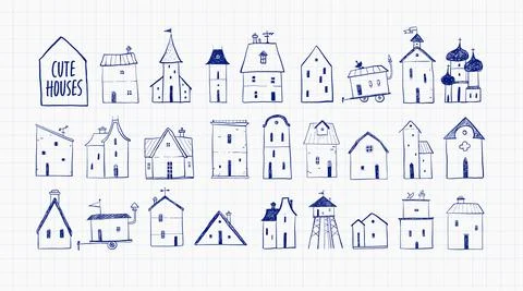 Collection of pen sketch doodle houses on lined paper background Stock Illustration