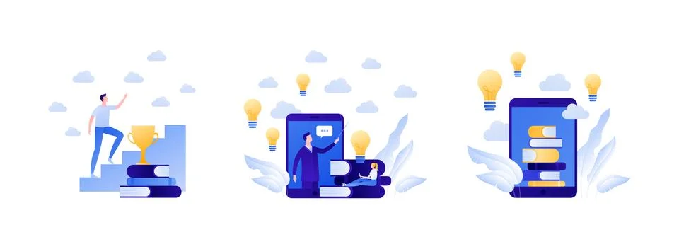 Collection with people character, stack of book and smartphone Stock Illustration
