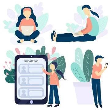 Collection of people learning and working online on their laptop Stock Illustration