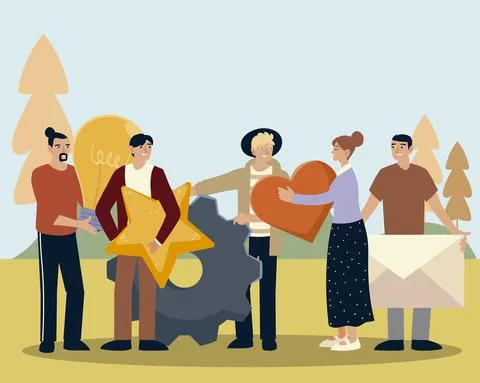 Collection people with object heart envelope star and gear Stock Illustration