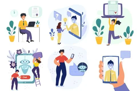 Collection of people online using different devices - laptop, mobile phone Stock Illustration