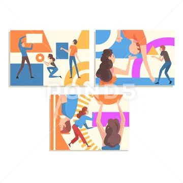 Collection of People Organizing Colorful Abstract Geometric Shapes, Men and Stock Illustration