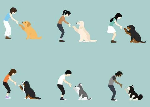 Collection of people shaking hands with cute large dogs flat colored 库存插图