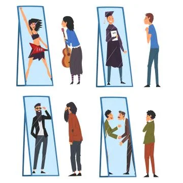 Collection of People Standing in Front of Mirror Looking at Their Reflection and Illustrazione stock