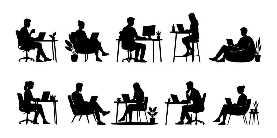 Collection of people working on laptops in various poses black silhouette Stock Illustration