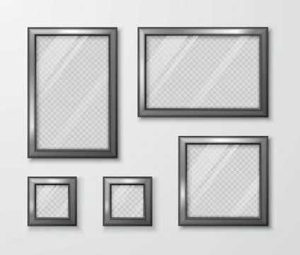 Collection of photo frames on the gray wall. Modern empty frame template with Illustrazione stock