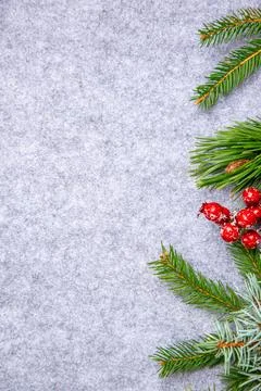 A collection of pine branches adorned with bright red berries is arranged aga Stock Photos
