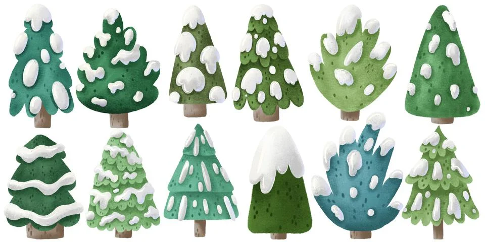 Collection Pine tree illustrations. Green christmas tree, eve with snow on .. Stock Illustration