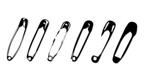Collection of pins of different designs on white background, set of black pin Stock Illustration