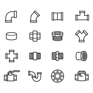 Collection of pipe fitting icons in a clean minimalist line art style Stock Illustration