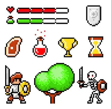 Collection of pixel 8-bit objects for pixel game, symbols, characters, status Illustrazione stock