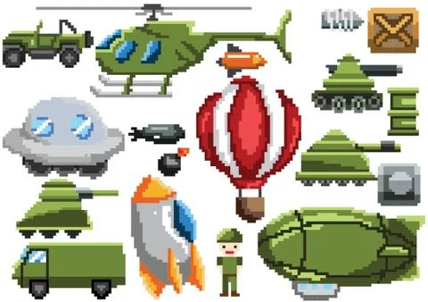 Collection of pixel art items Stock Illustration