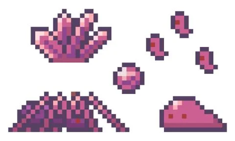 Collection of pixel elements for game, spider, crystal, slime, ball, 8-bit Stock Illustration