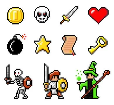 Collection of pixel game elements, symbols, characters, 8bit heroes, objects Stock Illustration