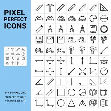 Collection of pixel perfect icons representing measurement tools, geometric.. Stock Illustration