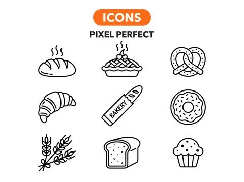 Collection of pixel perfect line art icons representing bakery items like b.. Stock Illustration