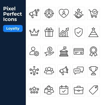 Collection of pixel perfect line icons representing loyalty, business, fina.. Stock Illustration