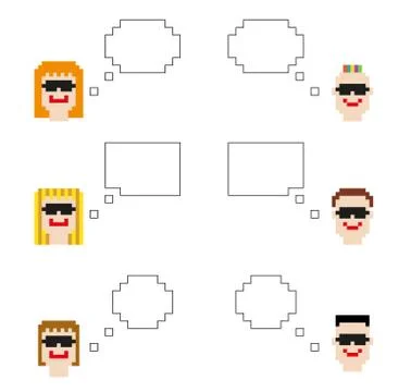 Collection of pixelated characters with speech bubbles Stock Illustration