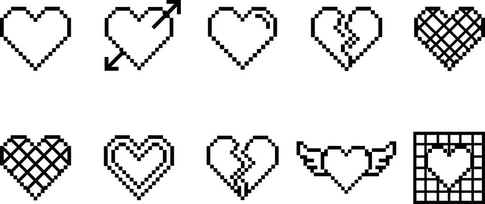 Collection of pixelated hearts in different styles. Stock Illustration