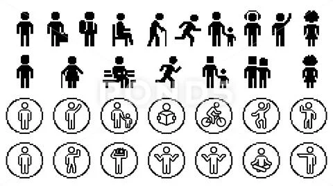 Collection of pixelated human icons in various poses transparent background PSDテンプレート