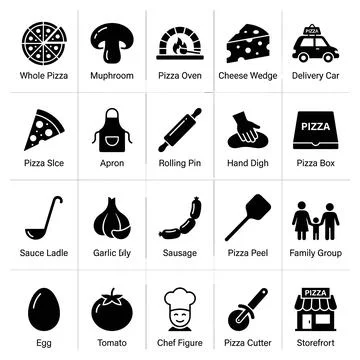 Collection of pizza making and serving icons including whole pizza, slice, .. Illustrazione stock