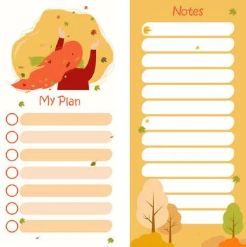 Collection Planner - My Plan and Notes. Fall affairs planner. girl with flowing  Illustrazione stock