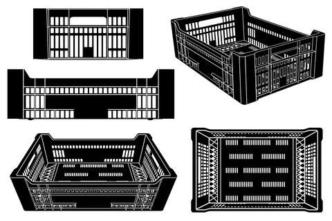 Collection of plastic fruit and vegetables crates in different positions Stock Illustration