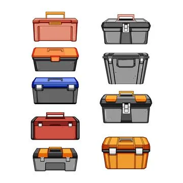 Collection of plastic tool boxes for household and professional use Stock Illustration