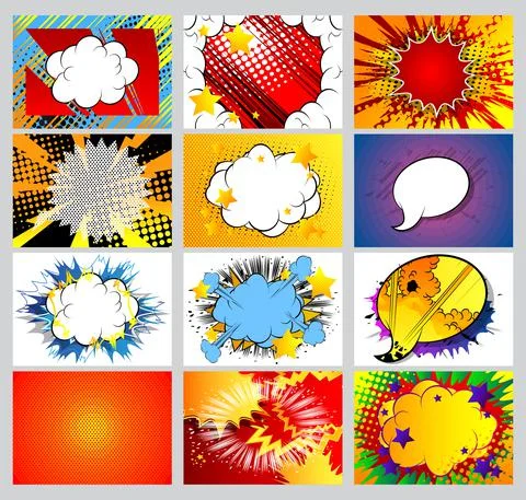 Collection of pop art comic background. Cartoon Vector Illustration with clou Stock-Illustration
