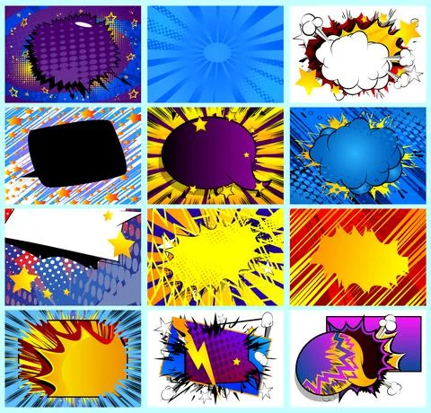Collection of pop art comic background. Cartoon Vector Illustration with clou Stock-Illustration