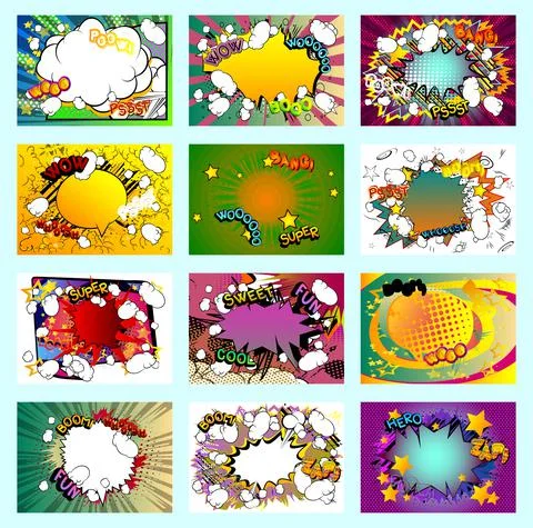 Collection of pop art comic background. Cartoon Vector Illustration with clou Stock-Illustration