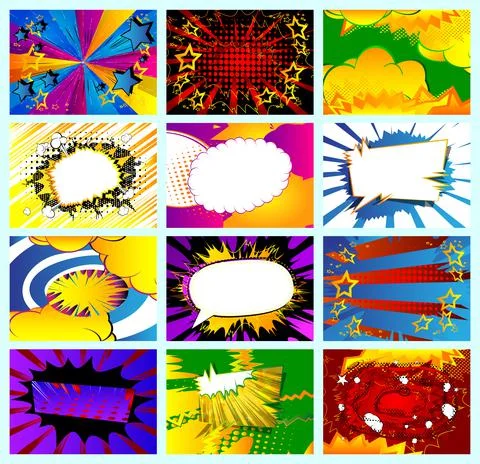 Collection of pop art comic background. Cartoon Vector Illustration with clou Stock-Illustration