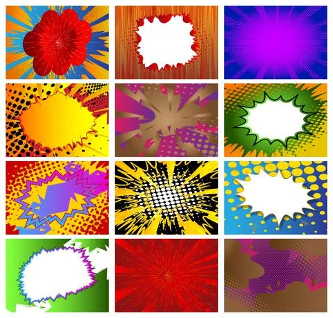 Collection of pop art comic background. Cartoon Vector Illustration with clou Stock Illustration